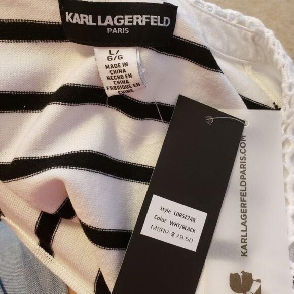 Karl Lagerfeld Paris Women's Striped Knit Top With Crochet Collar & Keyhole L - Picture 5 of 8